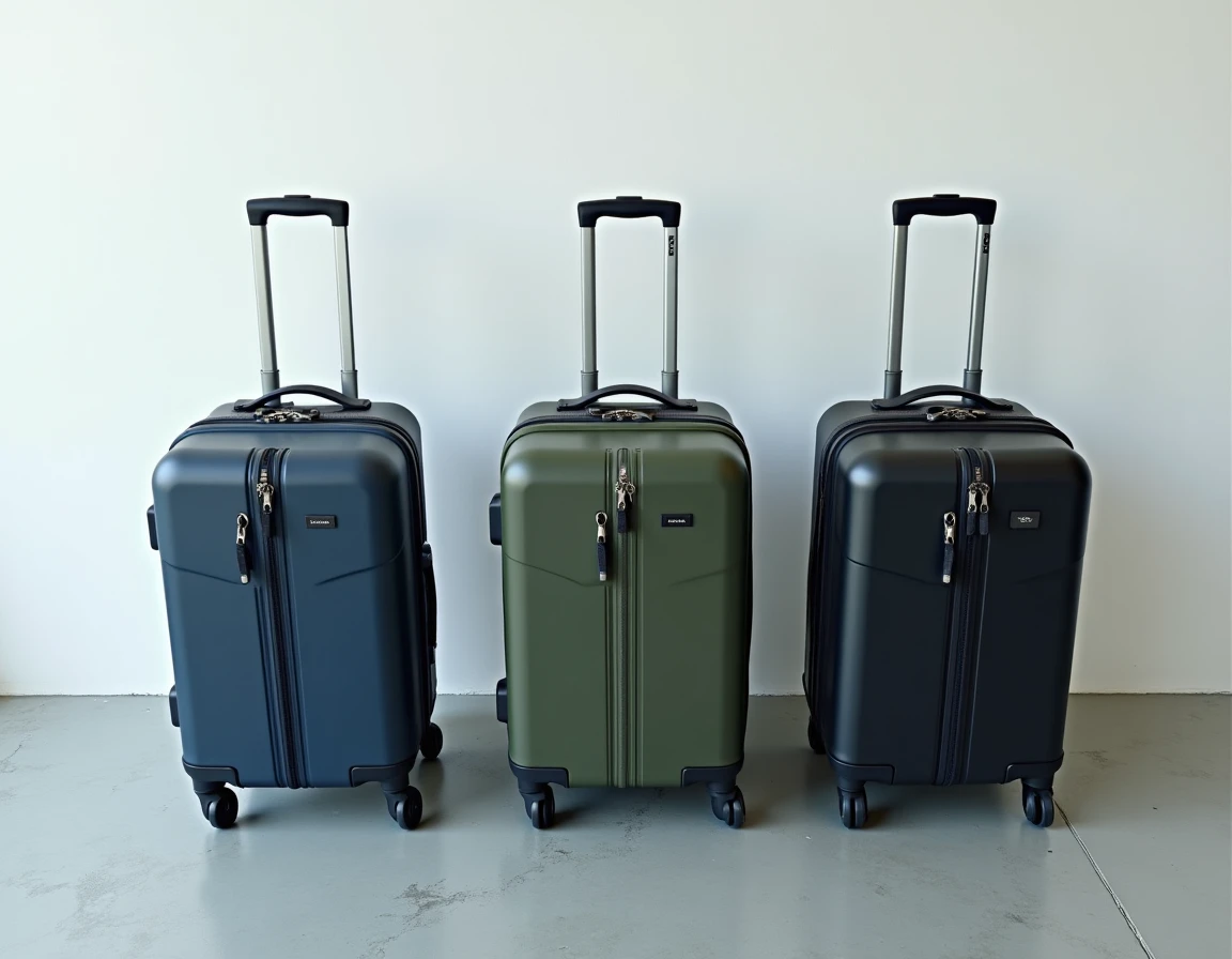 Comparaison de trois valises cabine pas chères de différents styles et couleurs posées côte à côte