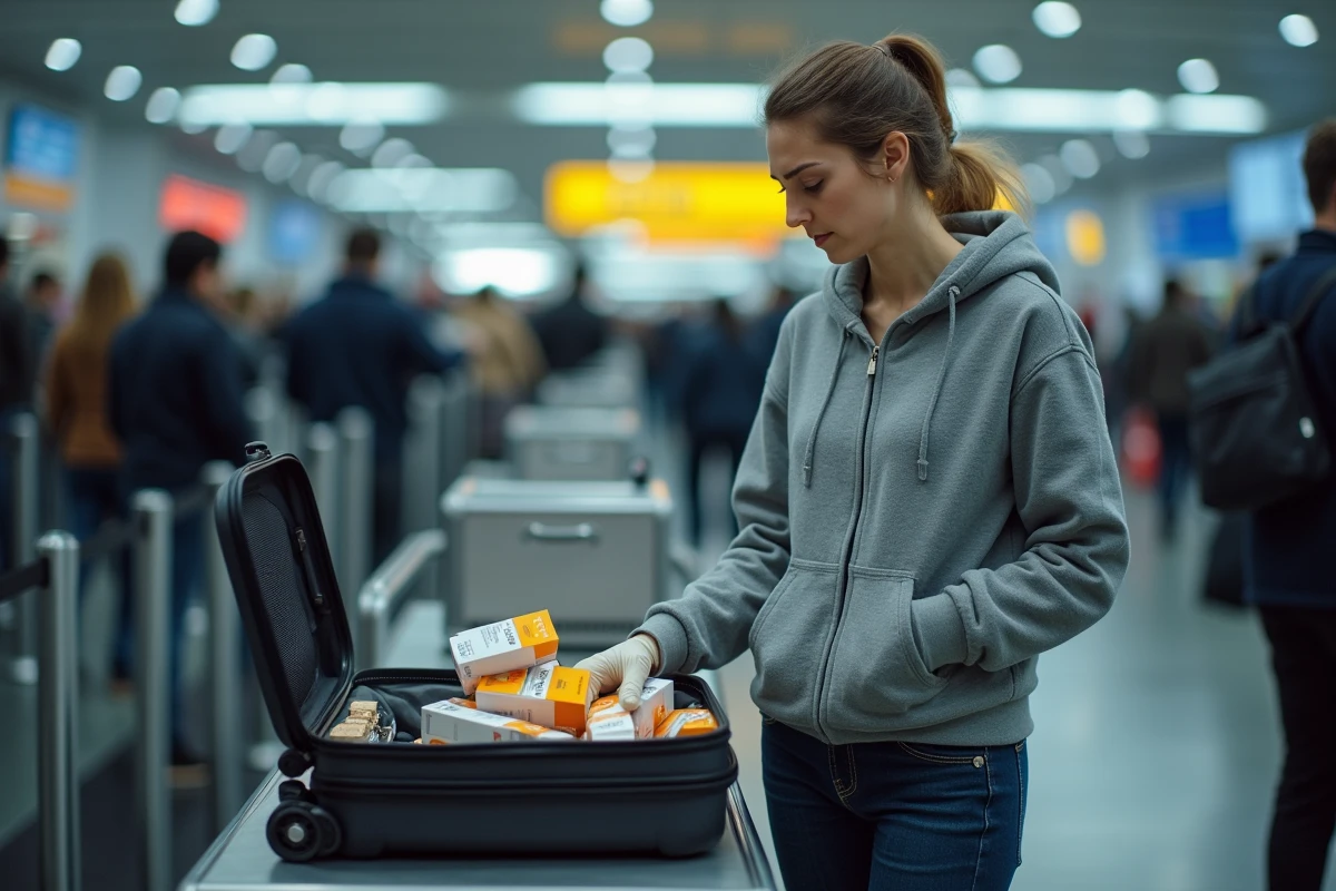 Voyageuse dont la valise contenant des cartouches de cigarettes espagnoles est contrôlée par un douanier à l'aéroport