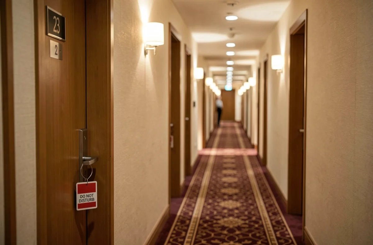 Couloir d'hôtel discret avec panneaux ne pas déranger pour séjour de courte durée