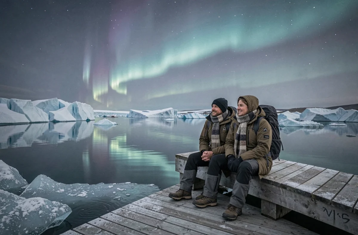 Couple assis sur un ponton face à l'aurore boréale reflétée dans la lagune glaciaire de Jökulsárlón en Islande