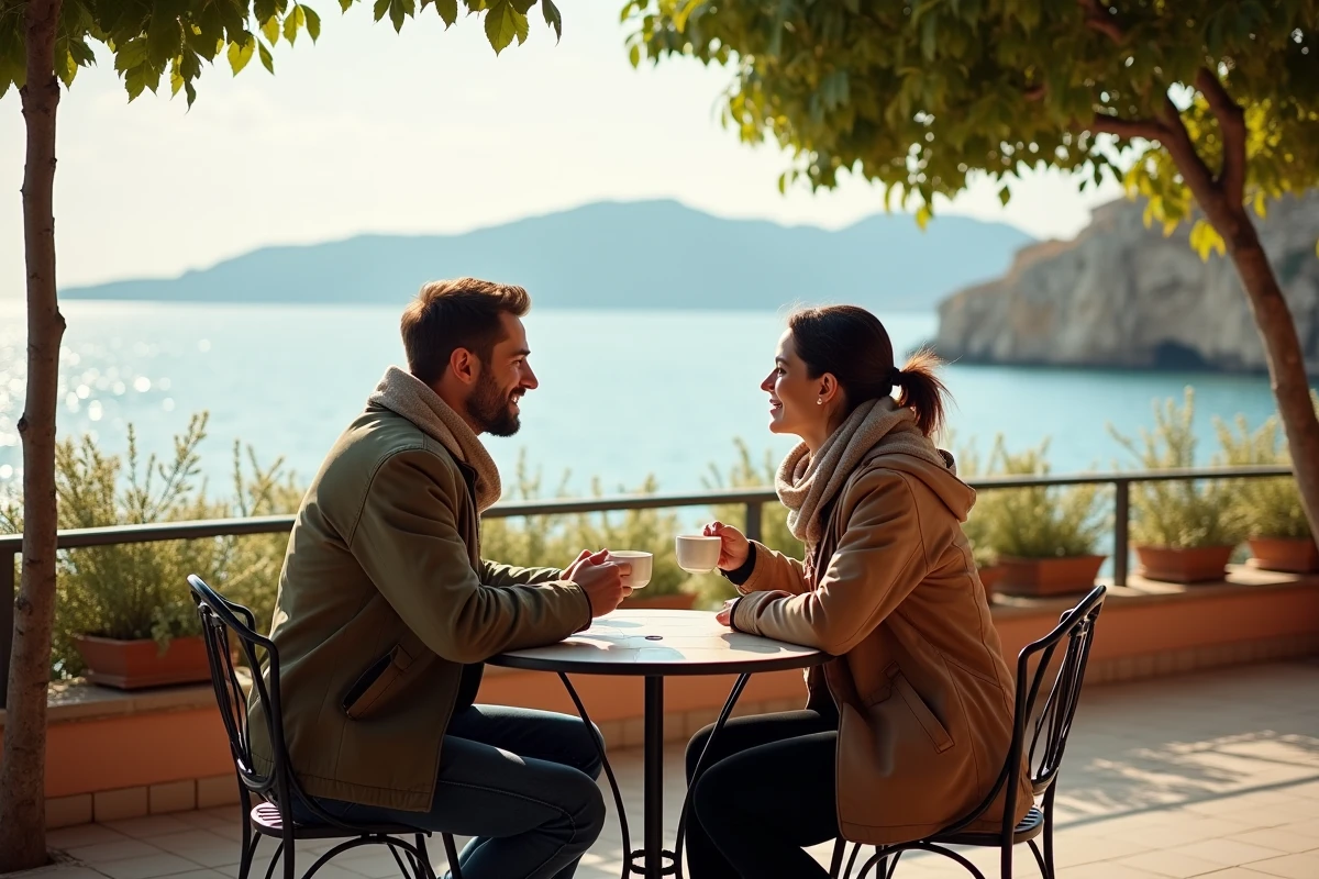 Couple attablé en terrasse d'un café de bord de mer près d'Héraklion au printemps, mer calme et fleurs sauvages visibles en arrière-plan