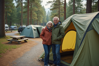 Couple souriant près de leur tente en camping forêt