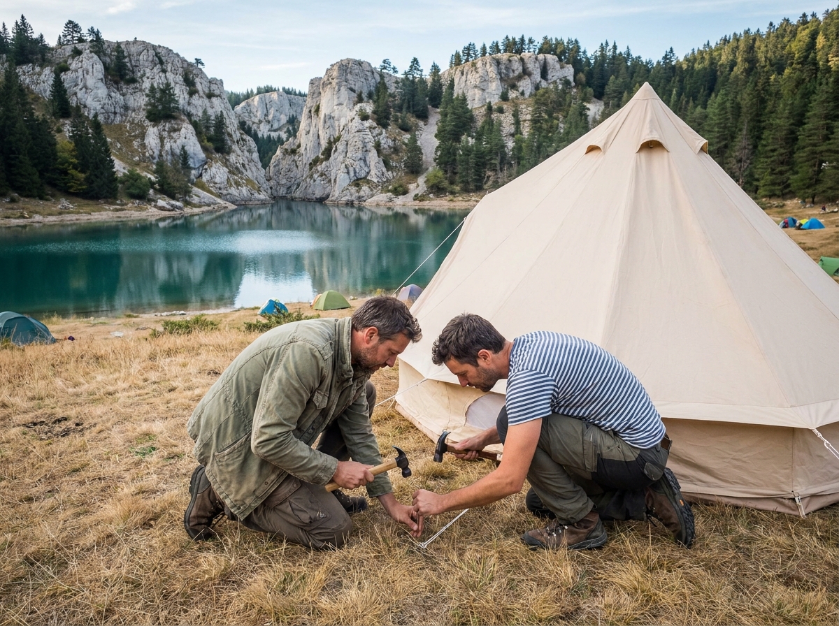 Couple montant une tente en camping au bord d'un lac turquoise en Provence, entouré de falaises calcaires et de pins