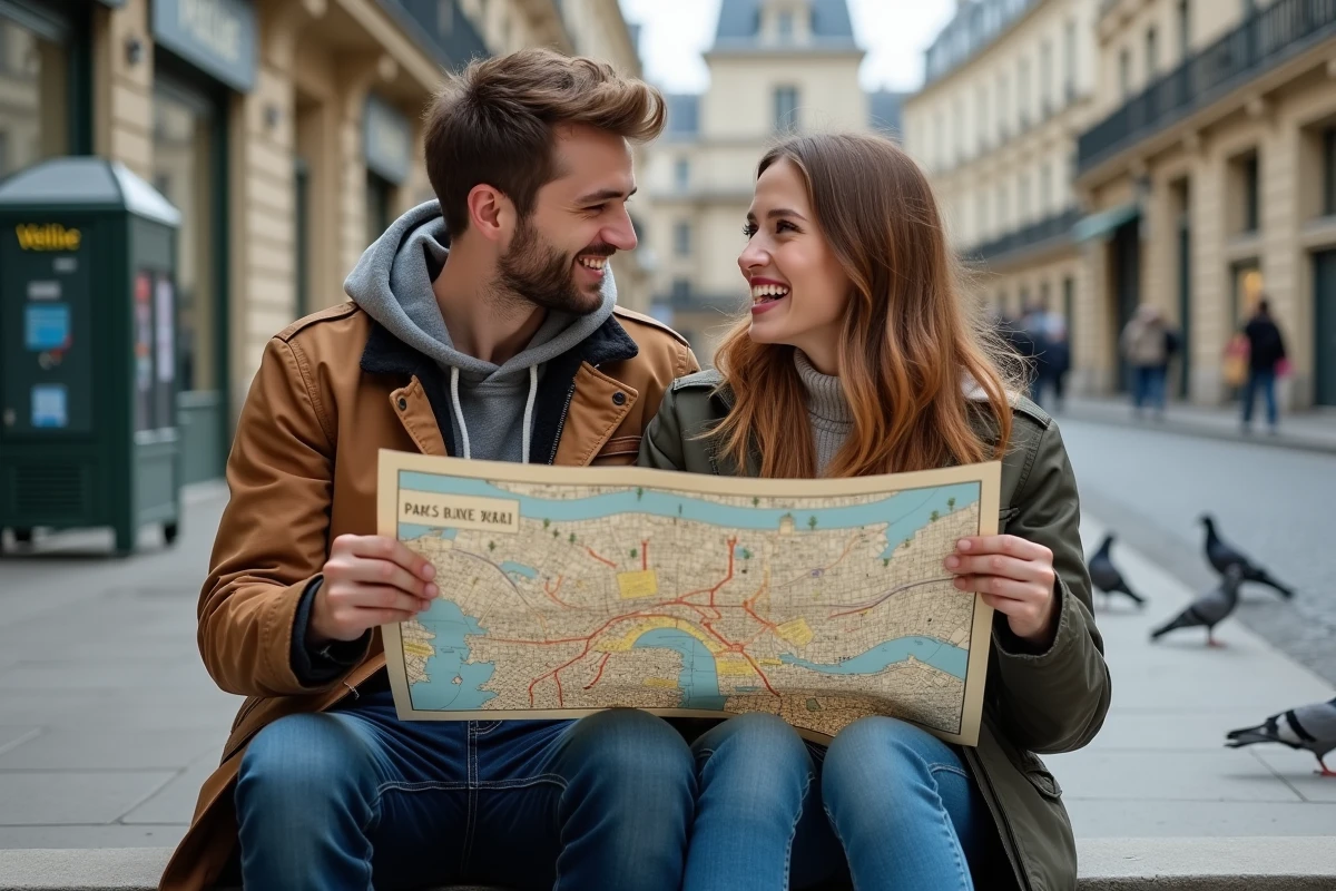 Couple de touristes consultant ensemble une grande carte imprimée de Paris assis sur des marches en pierre
