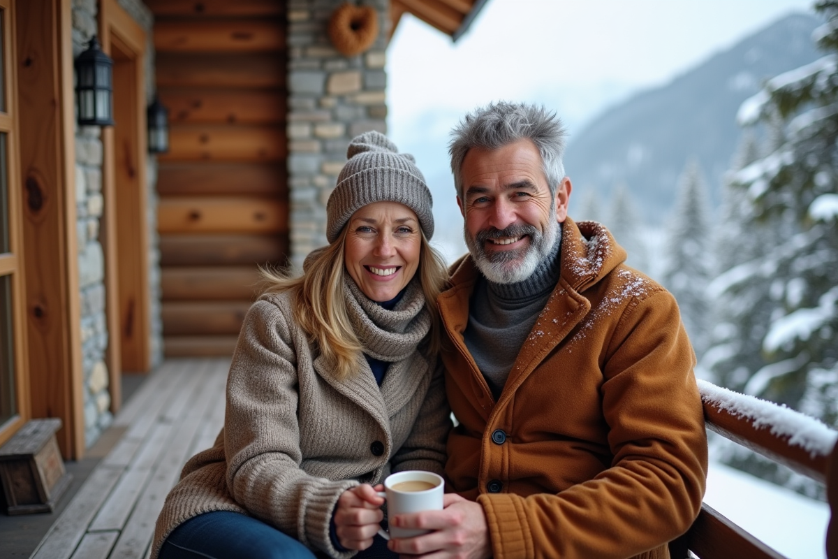 Couple souriant dans un chalet enneige avec forêt