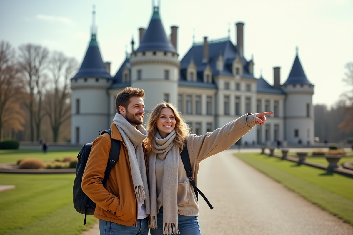 Jeune couple devant le château de Chambord au printemps