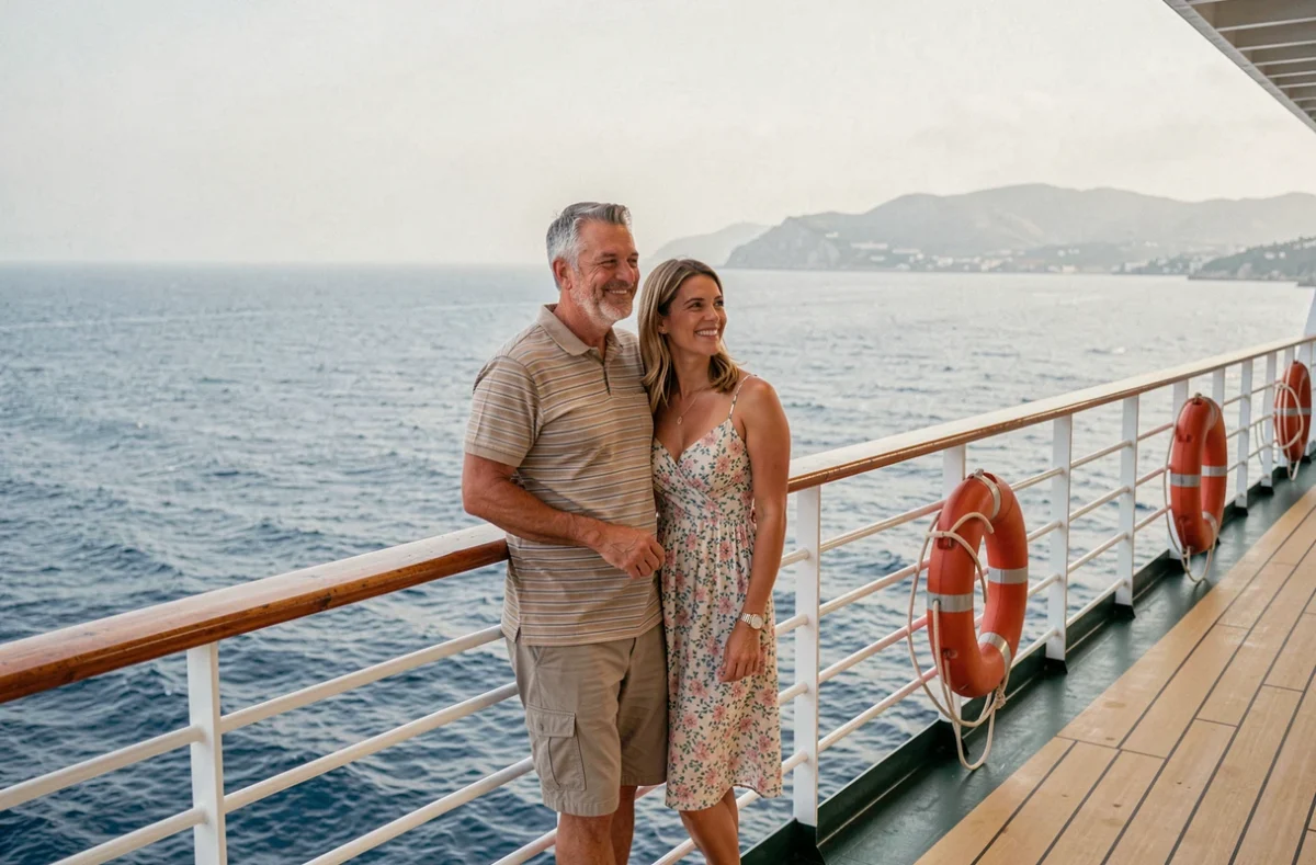 Couple profitant d'une croisière en août en mer Méditerranée sur le pont d'un bateau