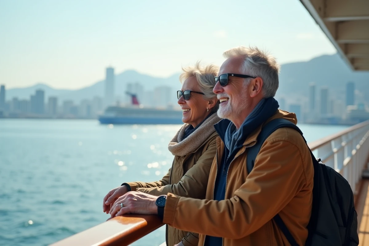 Couple souriant sur le pont d'une croisi&egrave;re regardant la mer