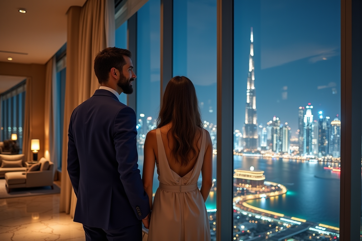 Couple souriant dans suite luxe avec vue sur Dubai