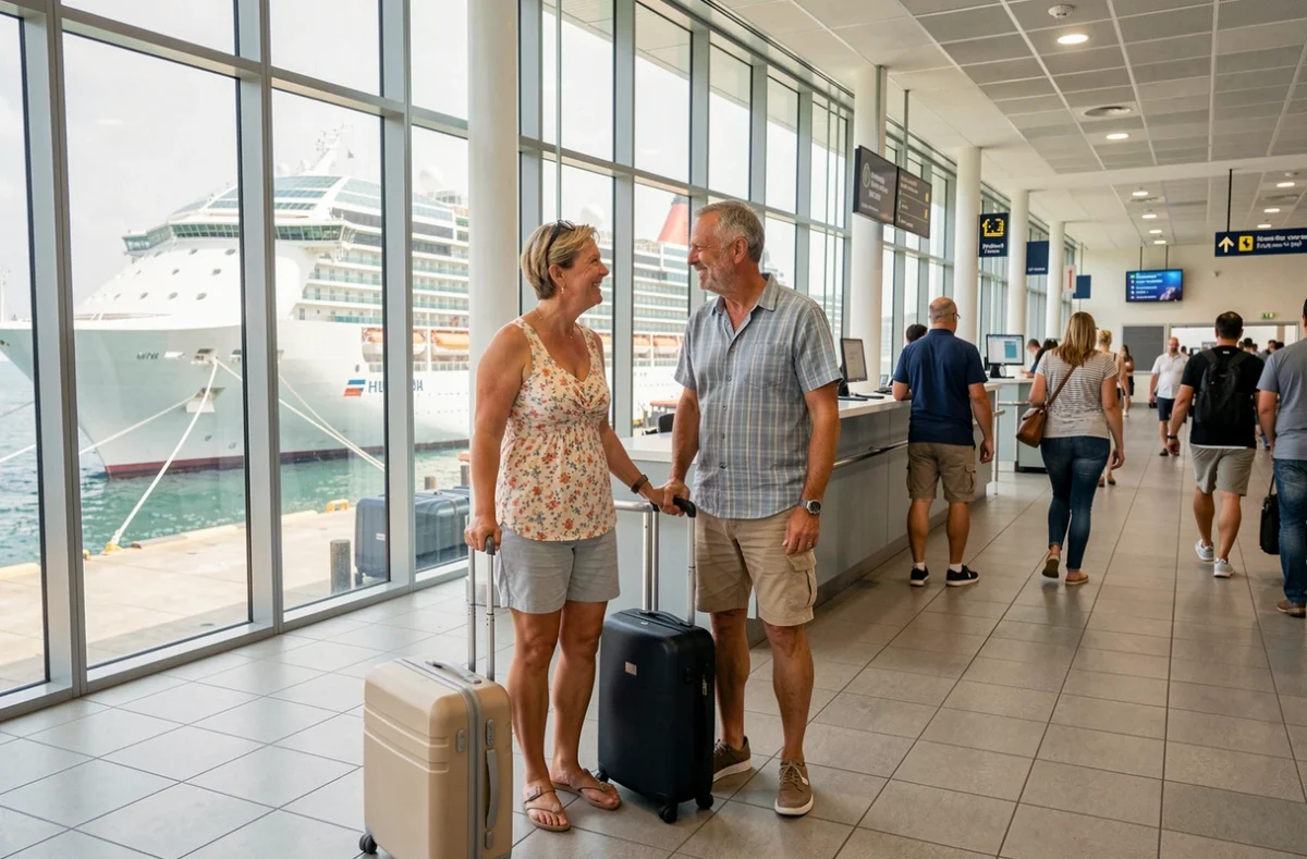 Couple embarquant pour une croisière économique dans un terminal portuaire moderne