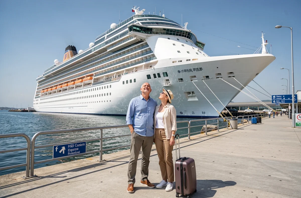 Couple avec bagages devant un paquebot de croisière dans un port maritime avant l'embarquement