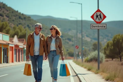 Couple fran&ccedil;ais souriant traversant la fronti&egrave;re de Dancharia