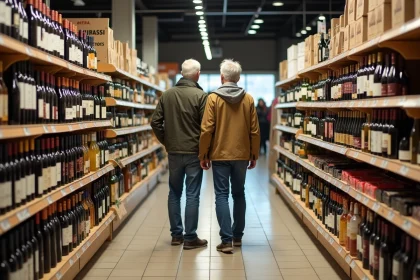 Couple fran&ccedil;ais faisant leurs achats d'alcool dans un supermarch&eacute; espagnol frontalier avec des prix affich&eacute;s en euros