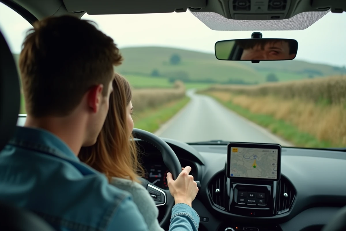 Couple planifiant un itinéraire routier sur smartphone depuis leur voiture garée en bord de route dans la campagne française