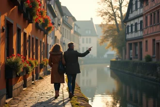 Couple se promenant le long du canal de La Petite France à Strasbourg avec ses maisons colombages typiques du Bas-Rhin alsacien