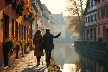 Couple se promenant le long du canal de La Petite France à Strasbourg avec ses maisons colombages typiques du Bas-Rhin alsacien