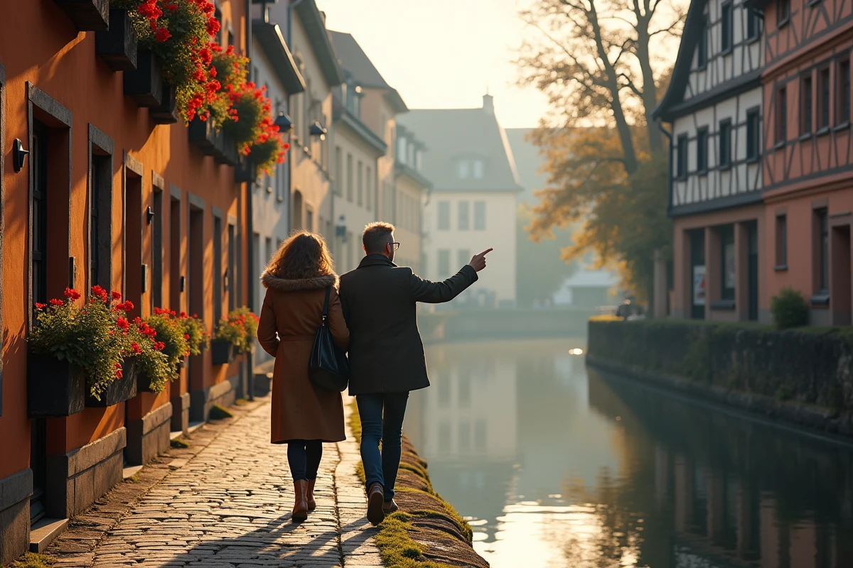 Couple se promenant le long du canal de La Petite France à Strasbourg avec ses maisons colombages typiques du Bas-Rhin alsacien