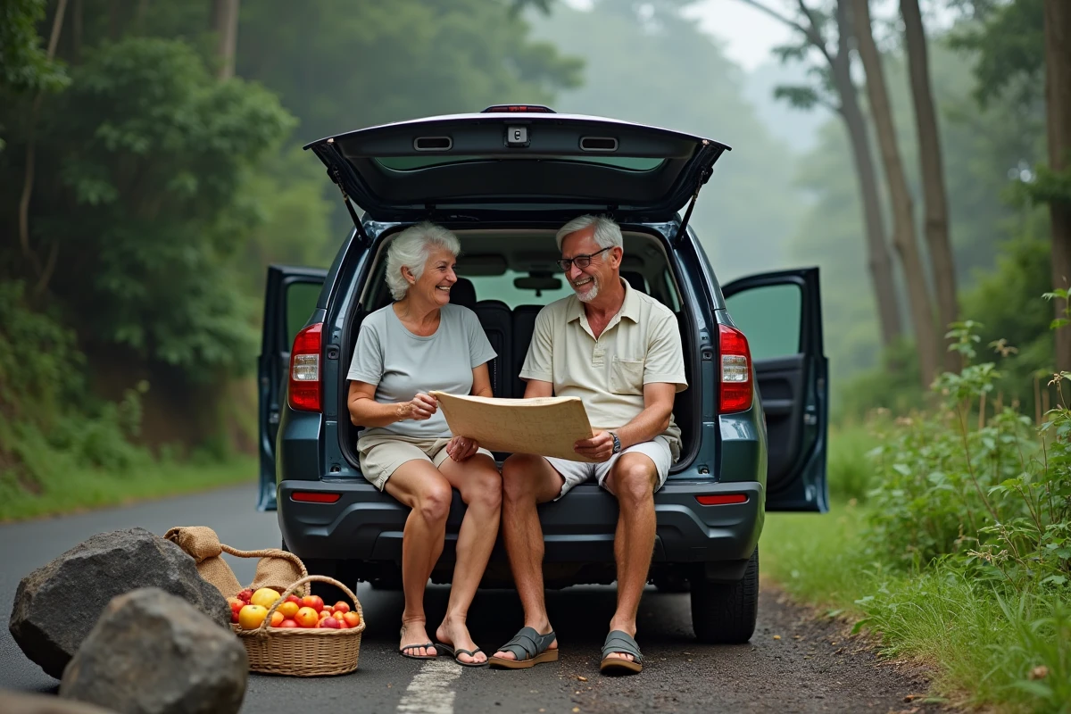 Couple souriant lors d’un pique-nique en forêt tropicale à la Réunion
