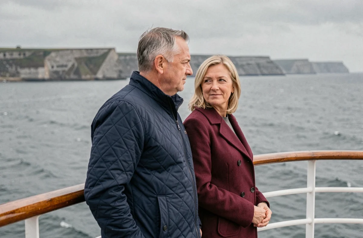 Couple sur le pont d'un navire de croisière contemplant la mer en quittant Le Havre