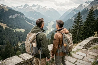 Couple de randonneurs contemplant la vallée d'Aoste depuis un belvédère panoramique entouré de sommets enneigés