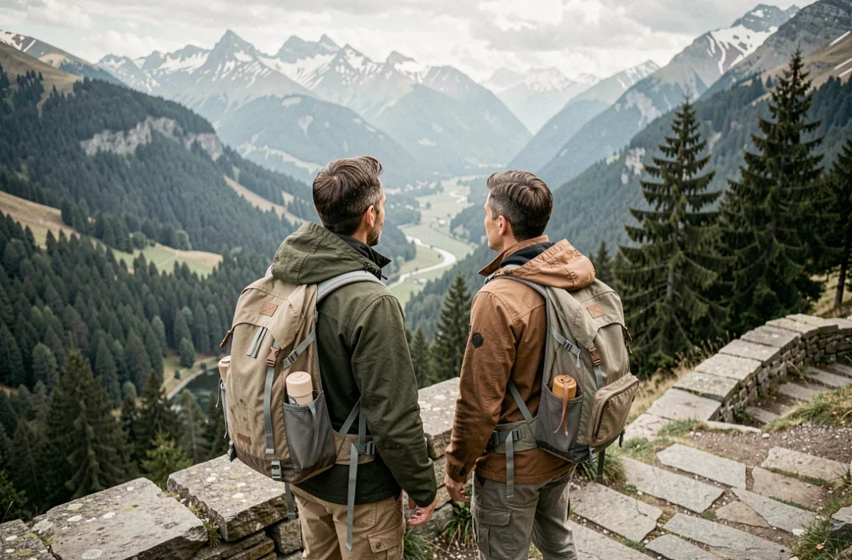 Couple de randonneurs contemplant la vallée d'Aoste depuis un belvédère panoramique entouré de sommets enneigés