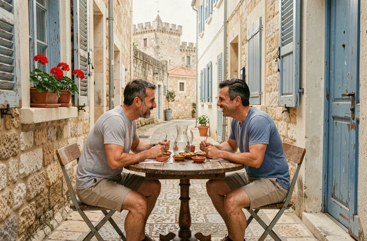 Couple de touristes savourant un repas traditionnel maltais dans une ruelle pittoresque de Mdina, Malte, ambiance authentique et détendue