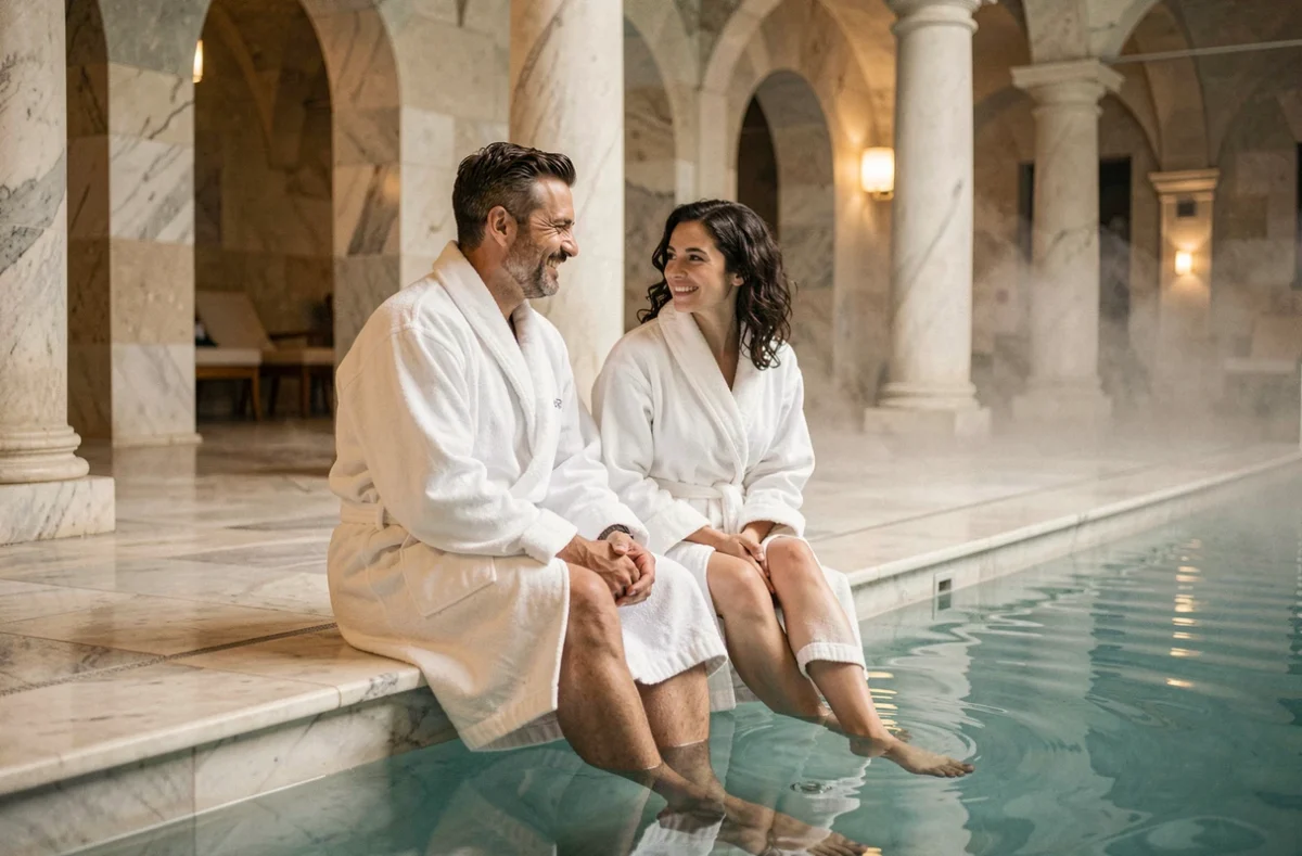 Couple en peignoir blanc au bord de la piscine intérieure d'un spa hôtel parisien de luxe