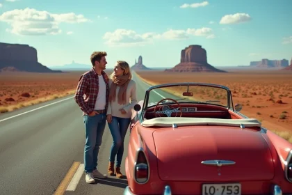 Jeune couple souriant devant une voiture vintage dans le d&eacute;sert
