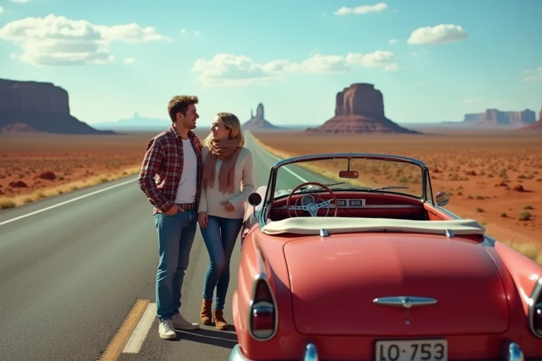 Jeune couple souriant devant une voiture vintage dans le désert