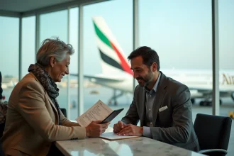 Couple en voyage consultant leur itinéraire Emirates dans un salon d'aéroport moderne avec un avion Emirates visible en arrière-plan