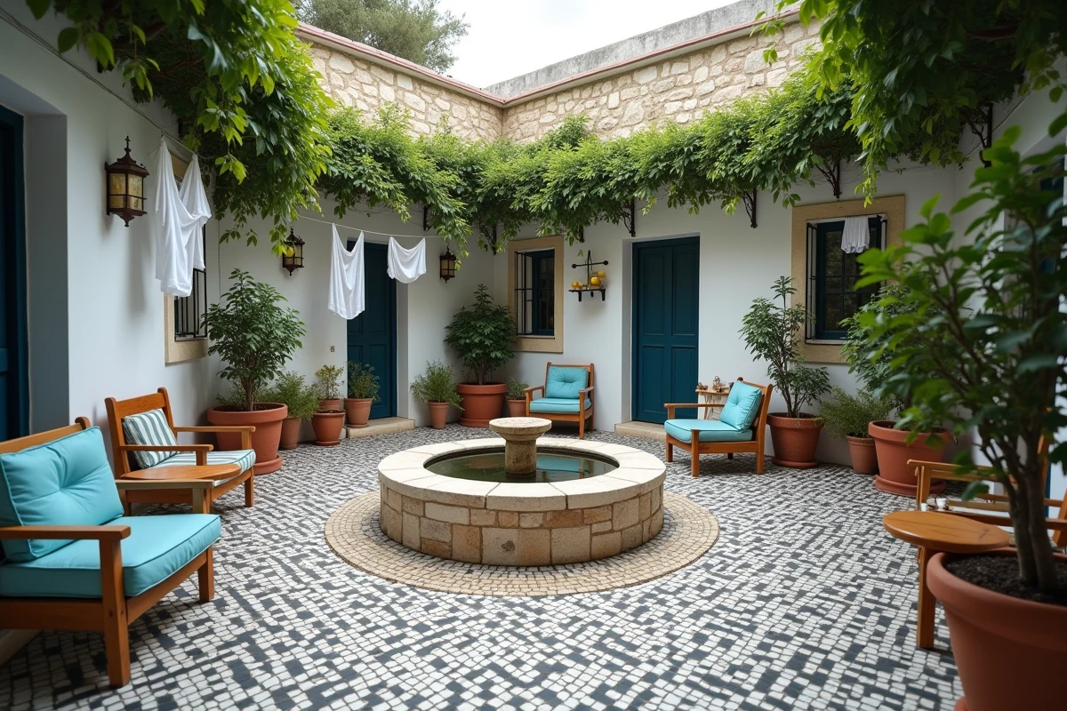Cour intérieure en mosaïque d'un hôtel boutique authentique sur l'île de Chalki en Grèce