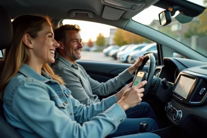 Deux covoitureurs dans une voiture consultant un itinéraire sur smartphone pour partager les frais de trajet