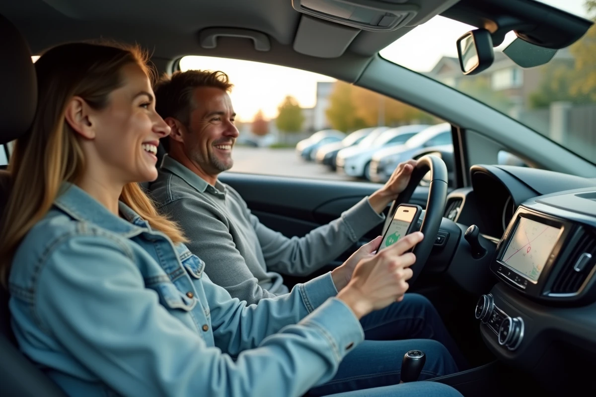 Deux covoitureurs dans une voiture consultant un itinéraire sur smartphone pour partager les frais de trajet