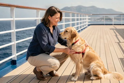 Femme et son chien golden retriever sur le pont d'un bateau de croisière en Méditerranée