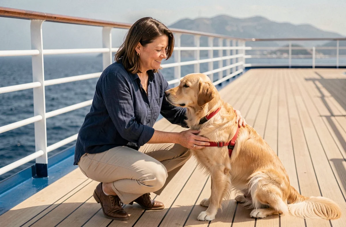 Femme et son chien golden retriever sur le pont d'un bateau de croisière en Méditerranée