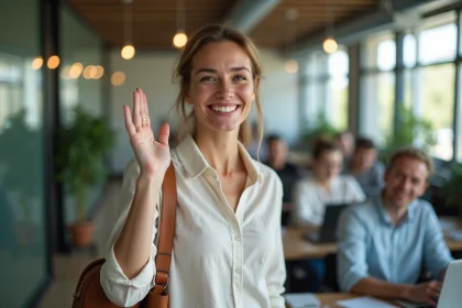 Femme souriante qui part en vacances et salue ses collègues dans un bureau moderne