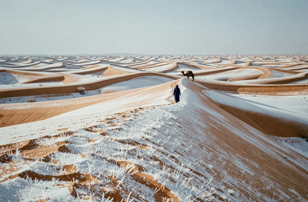 Désert marocain en hiver avec dunes de sable recouvertes de neige et nomade berbère en djellaba indigo