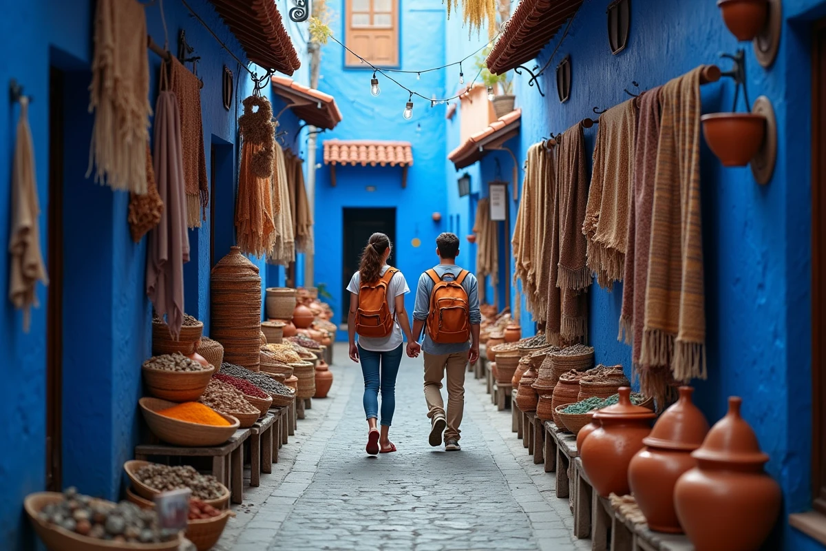 Couple de voyageurs explorant les ruelles bleues méconnues de Chefchaouen au Maroc, tendance voyage hors des sentiers battus