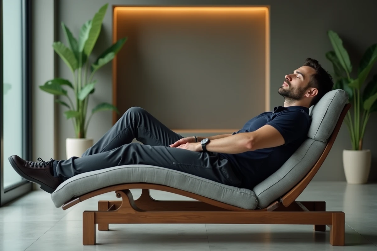 Homme se relaxant dans un espace daysue moderne et minimaliste en journée, allongé sur un lit de repos design en ville