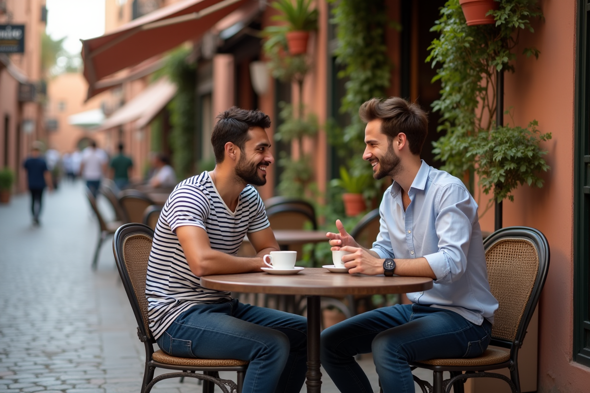 Deux jeunes hommes discutant dans un café de Marrakech