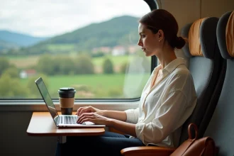 Digital nomade travaillant sur son ordinateur portable dans un train européen, avec vue sur la campagne par la fenêtre