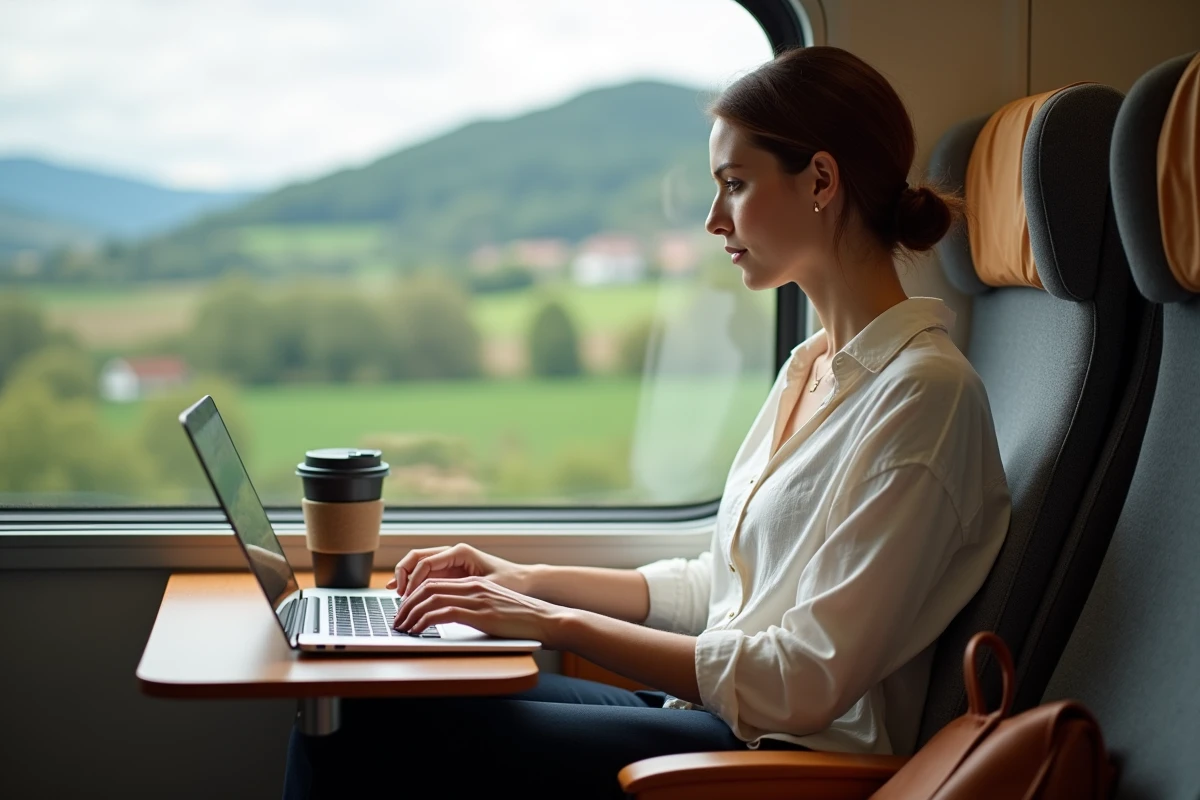 Digital nomade travaillant sur son ordinateur portable dans un train européen, avec vue sur la campagne par la fenêtre