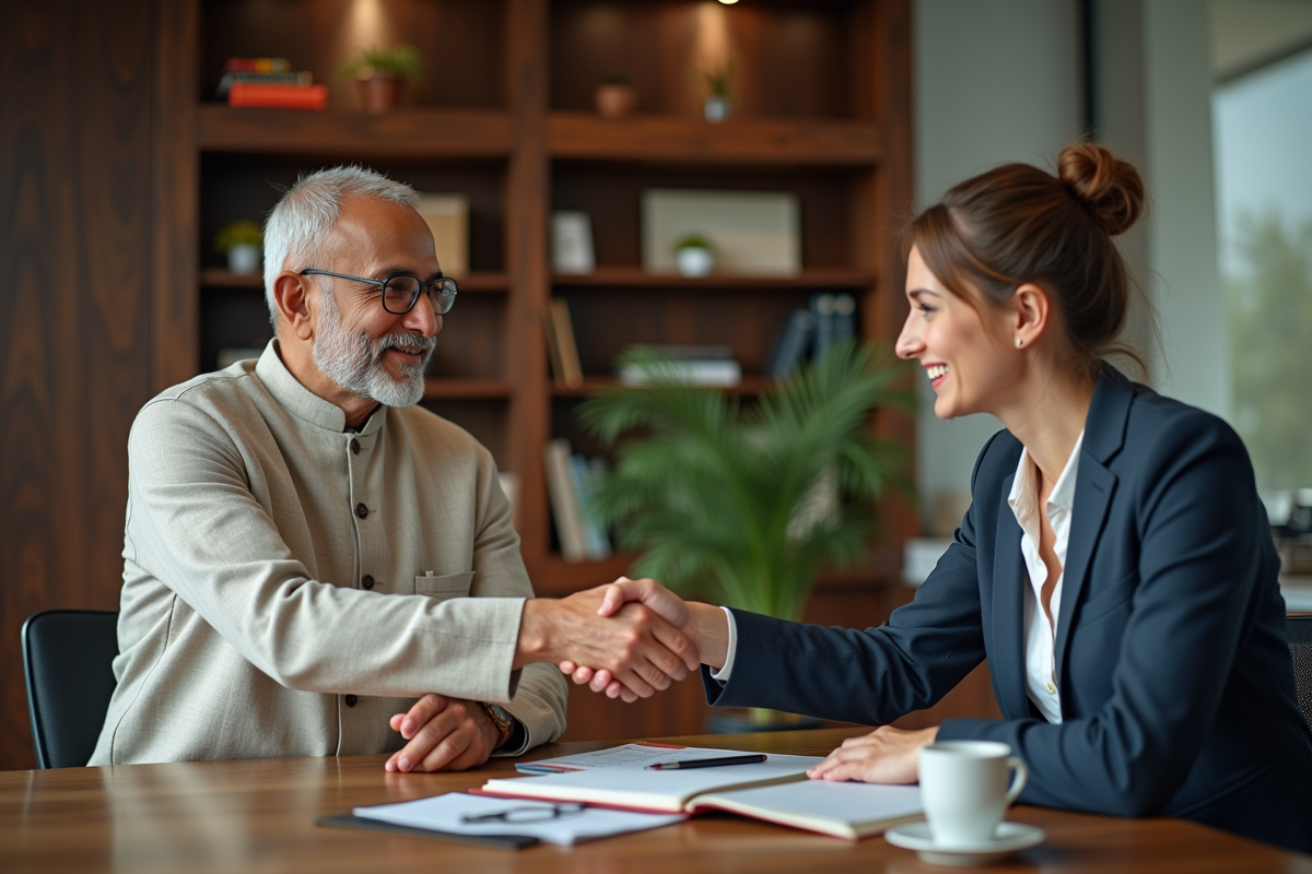Homme indien et femme européenne se serrant la main en entreprise