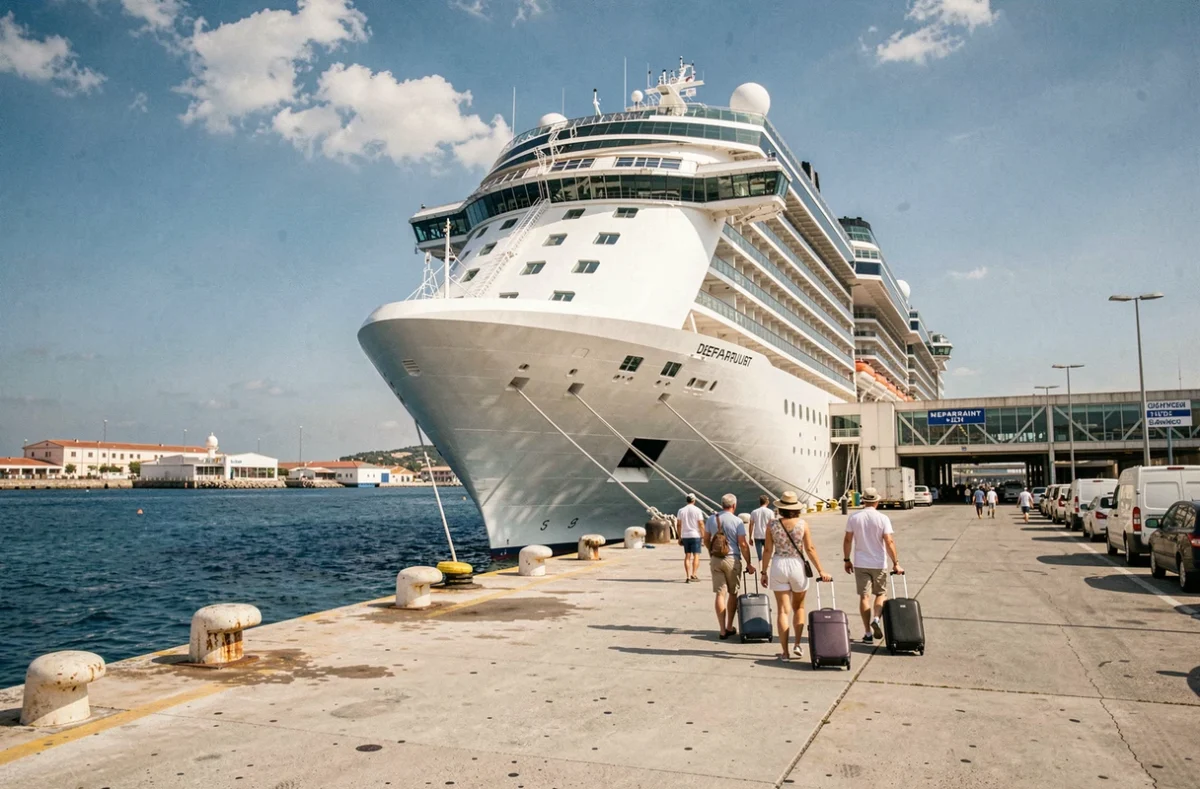 Passagers embarquant sur un grand navire de croisière dans un port méditerranéen en été