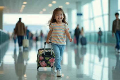 Petite fille tirant une valise cabine &agrave; fleurs dans un a&eacute;roport international lors d'un voyage en famille