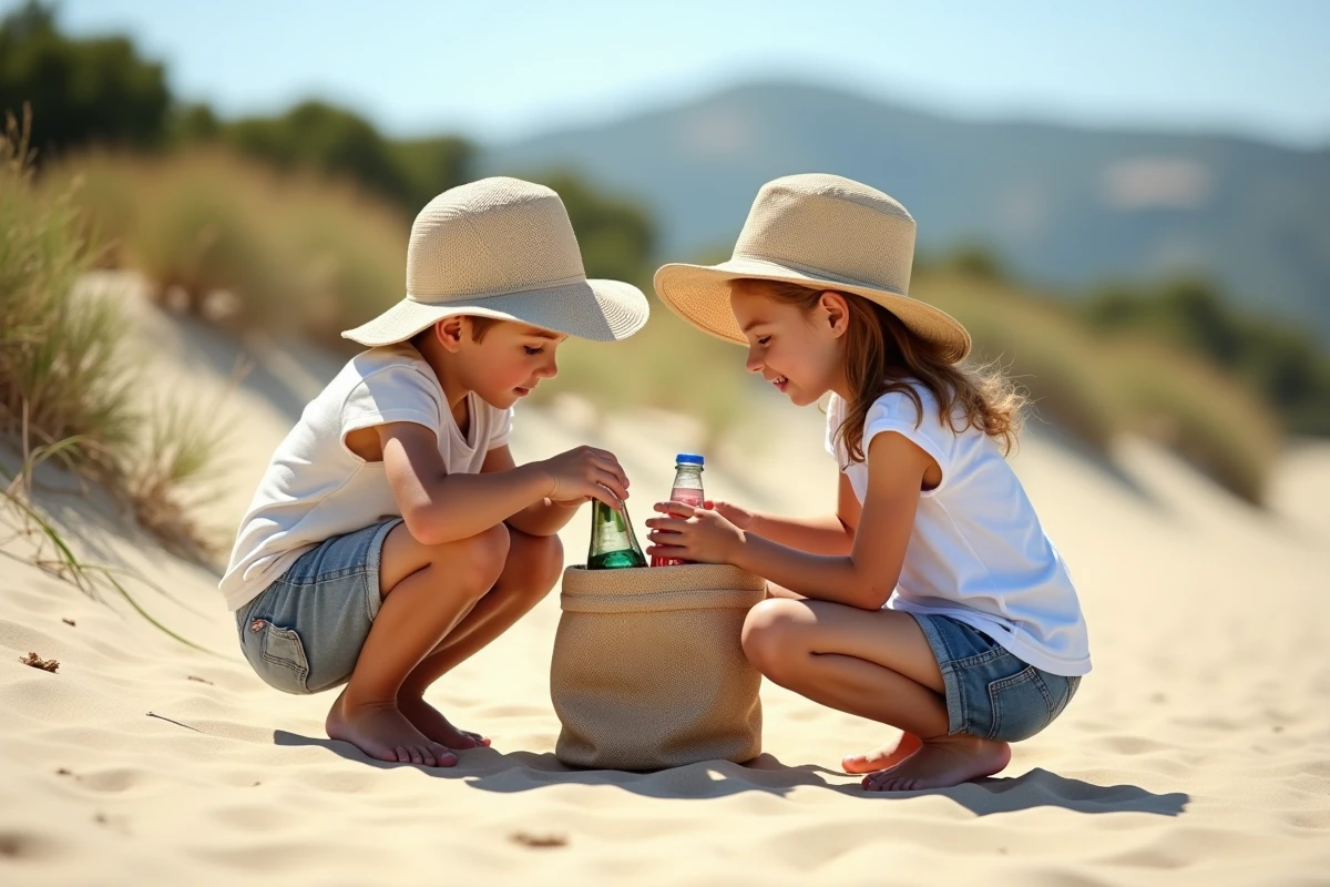 Enfants ramassant des bouteilles sur la plage de Palombaggia