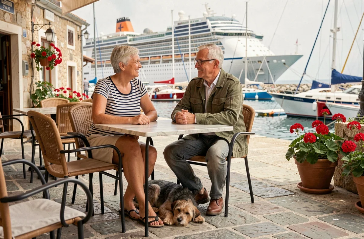 Couple avec leur petit chien sur une terrasse de port lors d'une escale de croisière