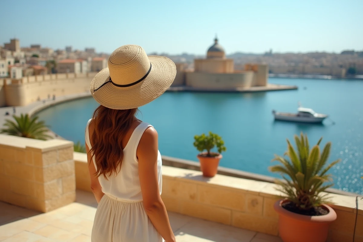 Femme admirant le Grand Port de La Valette depuis les jardins Upper Barrakka lors d'une escale à Malte