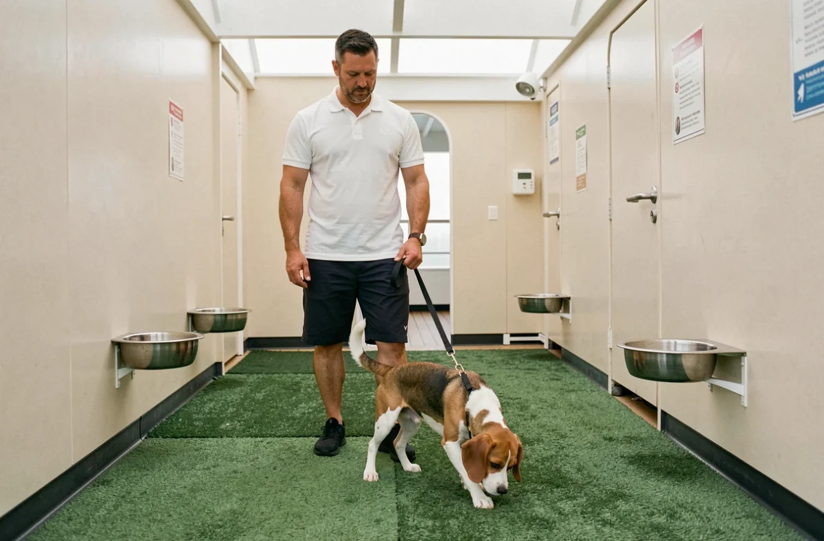 Homme promenant son beagle dans l'espace dédié aux animaux à bord d'un paquebot