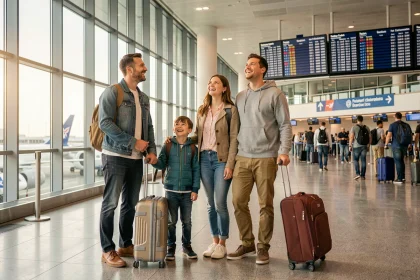Famille souriante avec bagages dans le hall de départ d'un aéroport international, illustrant des billets d'avion accessibles avec MisterFly Club
